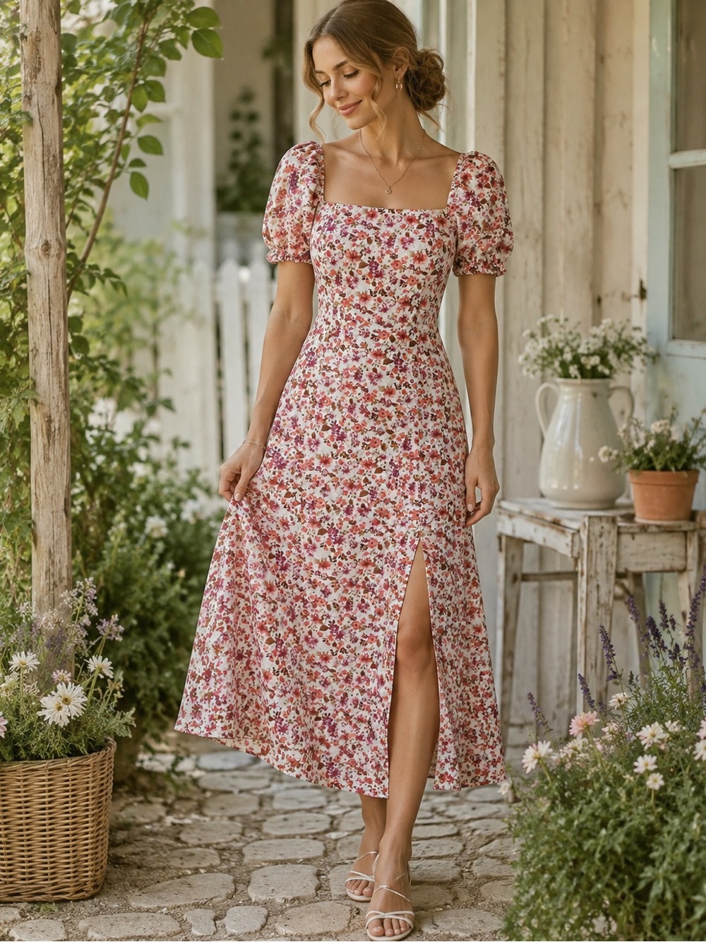 Francesca's Collections Pink Floral Puff-Sleeve Midi Dress